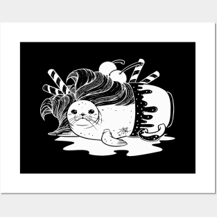 Sundae Seal Line Art Illustration Posters and Art